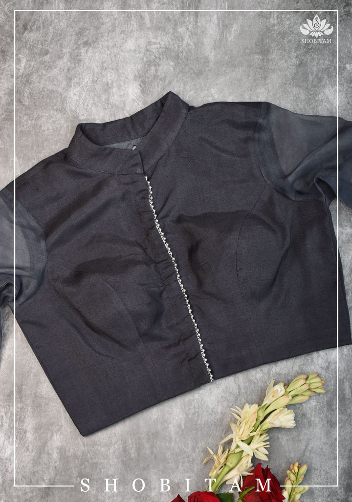 Gray rayon Chinese collar blouse with pure organza bishop sleeves - Mix and Match Blouse for saree
