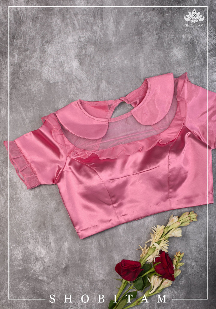 Candy pink satin peter pan blouse with net frill detailing - Mix and Match Saree blouse
