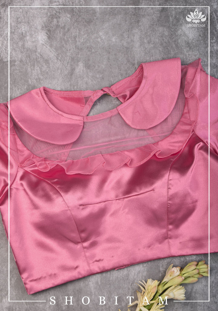 Candy pink satin peter pan blouse with net frill detailing - Mix and Match Saree blouse