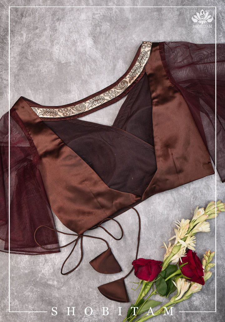 Brown satin cross over blouse with net flutter sleeves & border- Mix and match saree blouse