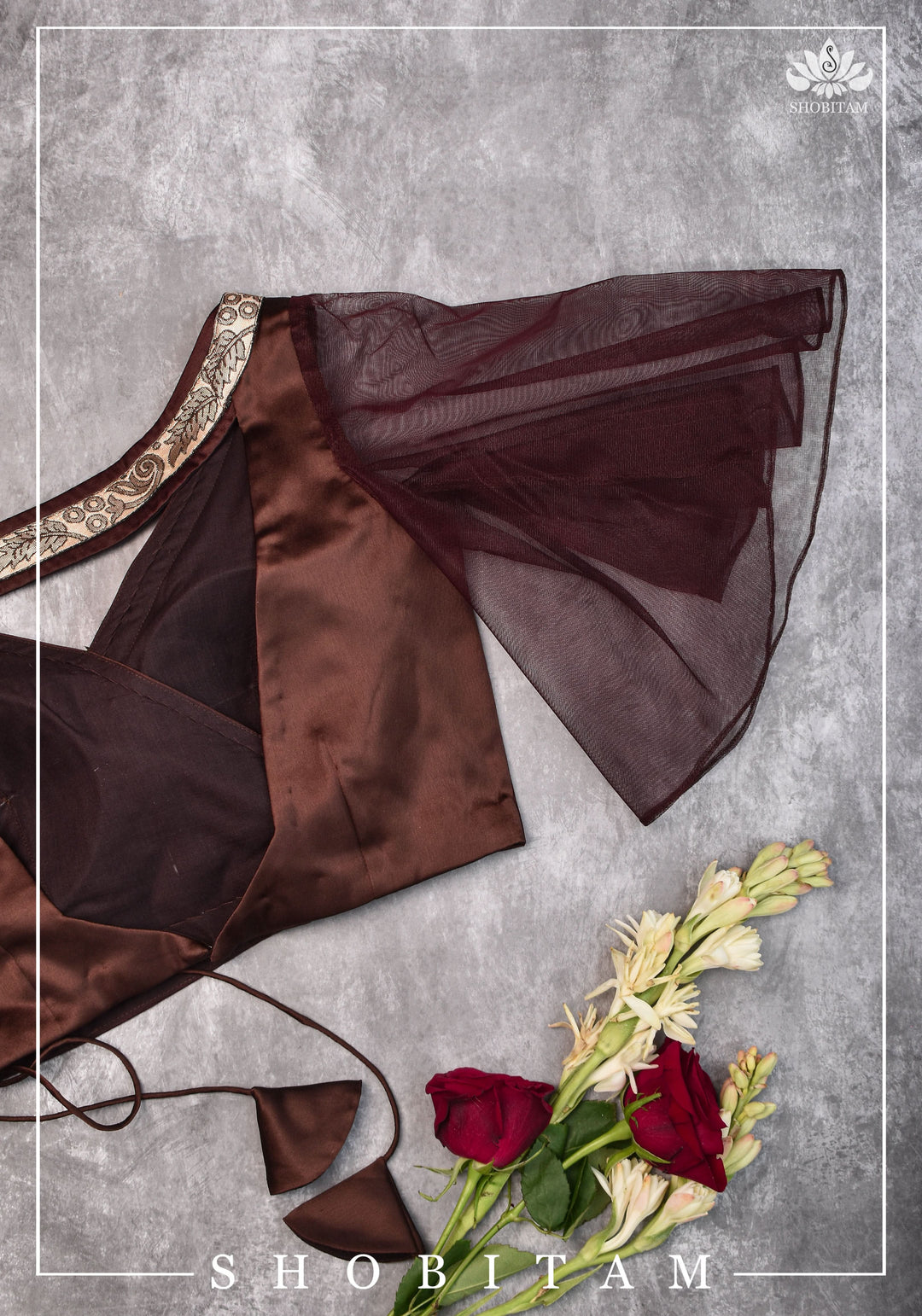 Brown satin cross over blouse with net flutter sleeves & border- Mix and match saree blouse