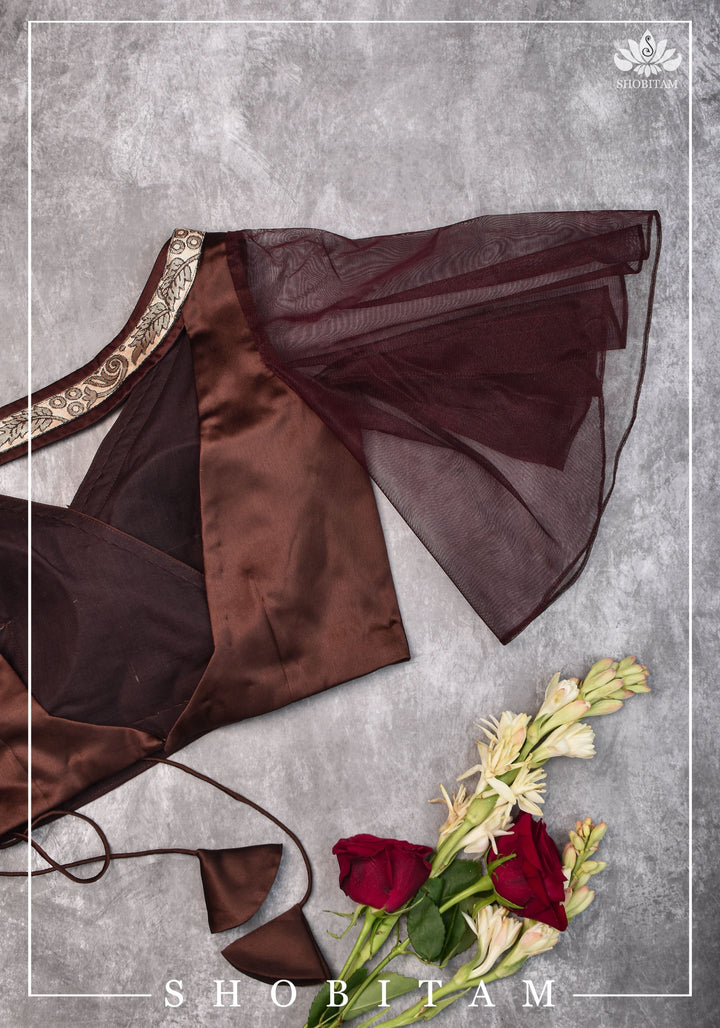 Brown satin cross over blouse with net flutter sleeves & border- Mix and match saree blouse
