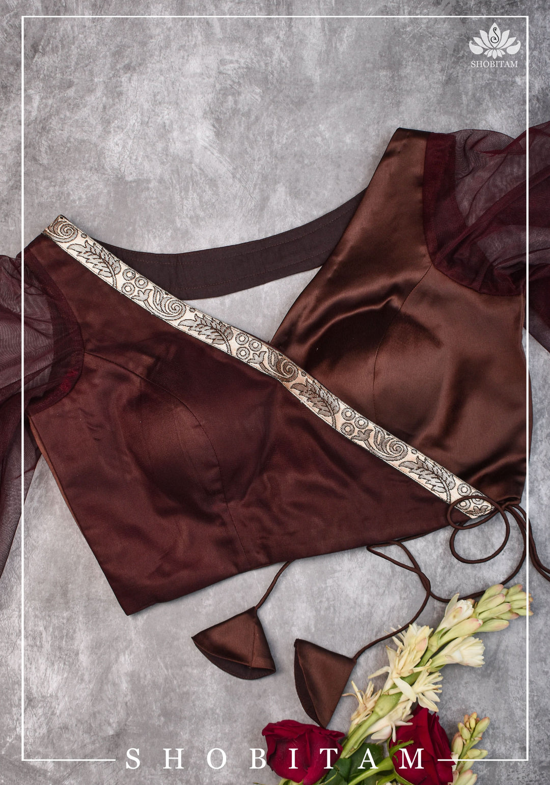 Brown satin cross over blouse with net flutter sleeves & border- Mix and match saree blouse