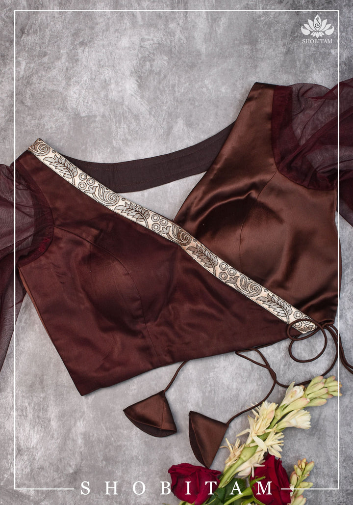 Brown satin cross over blouse with net flutter sleeves & border- Mix and match saree blouse