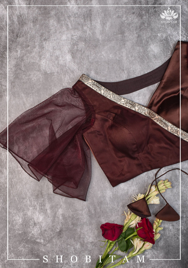 Brown satin cross over blouse with net flutter sleeves & border- Mix and match saree blouse