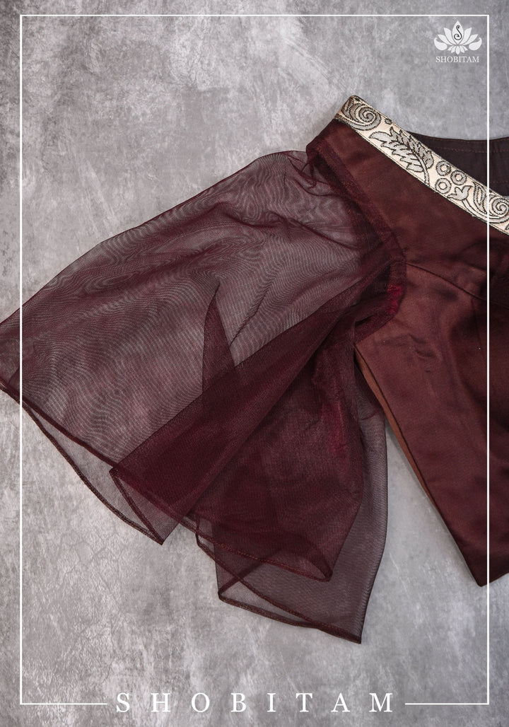 Brown satin cross over blouse with net flutter sleeves & border- Mix and match saree blouse