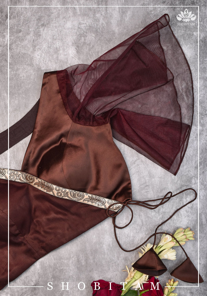 Brown satin cross over blouse with net flutter sleeves & border- Mix and match saree blouse