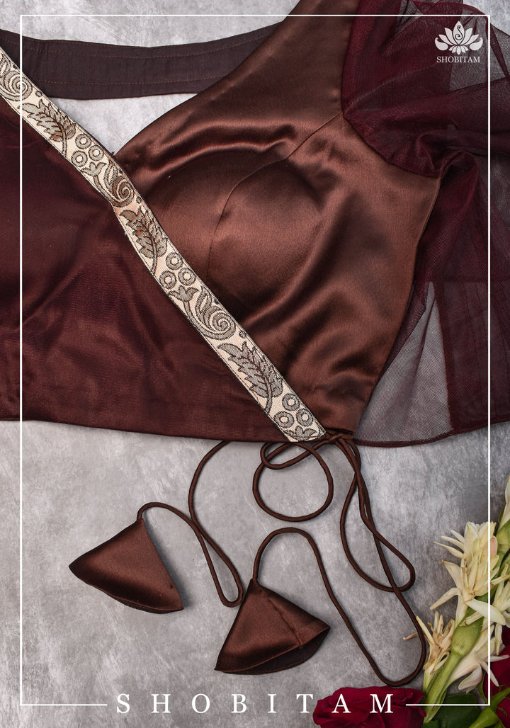 Brown satin cross over blouse with net flutter sleeves & border- Mix and match saree blouse
