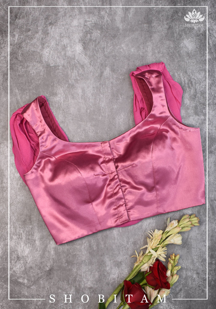 Bubblegum pink satin & chiffon Cowl neck in back blouse - Mix and Match saree blouse