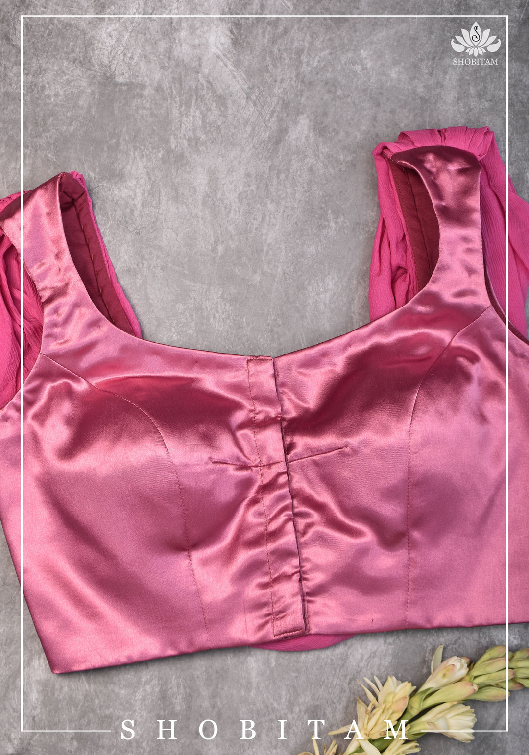 Bubblegum pink satin & chiffon Cowl neck in back blouse - Mix and Match saree blouse