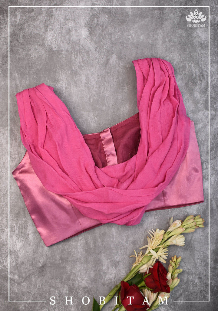 Bubblegum pink satin & chiffon Cowl neck in back blouse - Mix and Match saree blouse