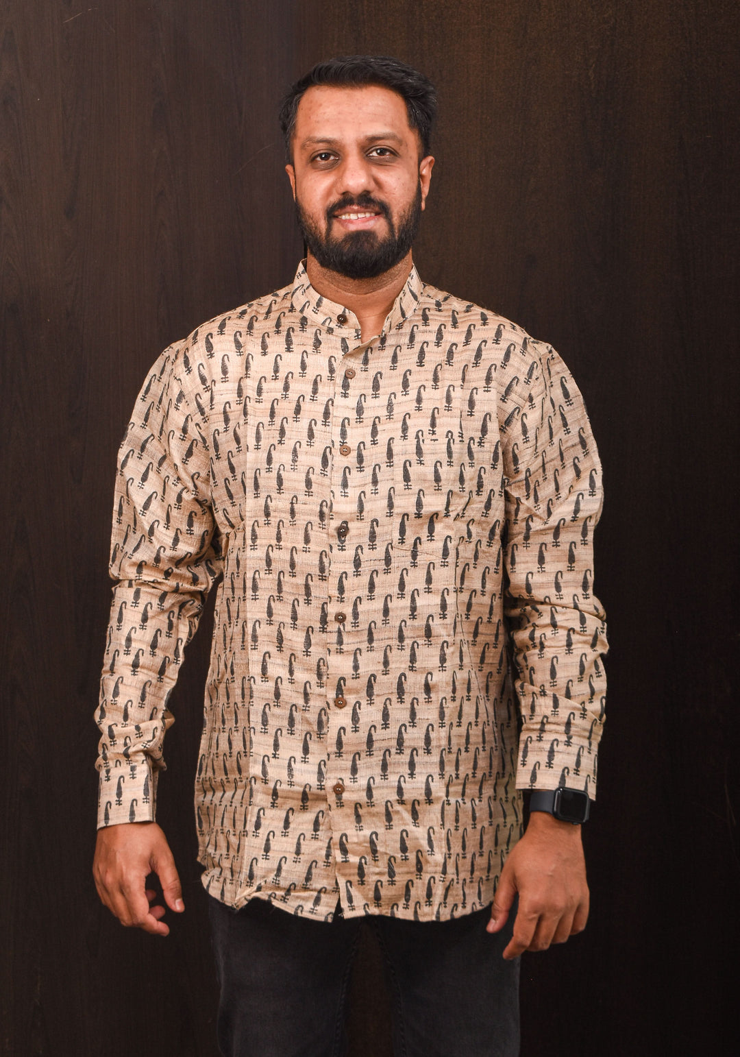 Pure Tussar Silk by Cotton Shirt in Natural Color with Mandarin Collar Full Sleeve Shirt | SHOBITAM