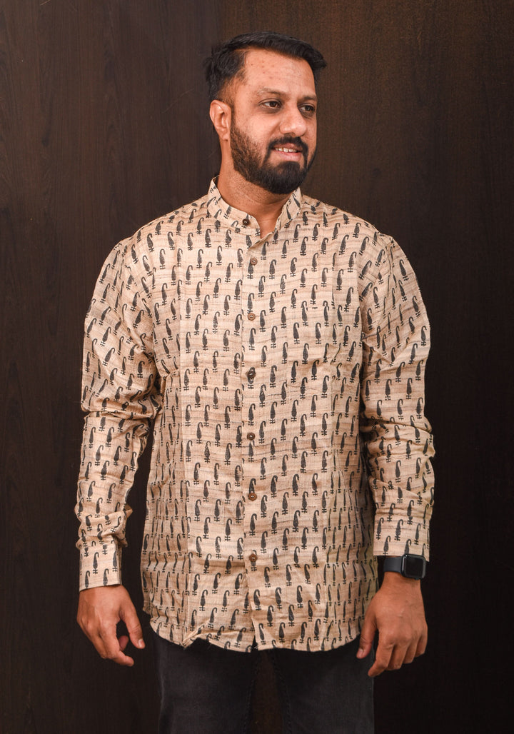Pure Tussar Silk by Cotton Shirt in Natural Color with Mandarin Collar Full Sleeve Shirt | SHOBITAM