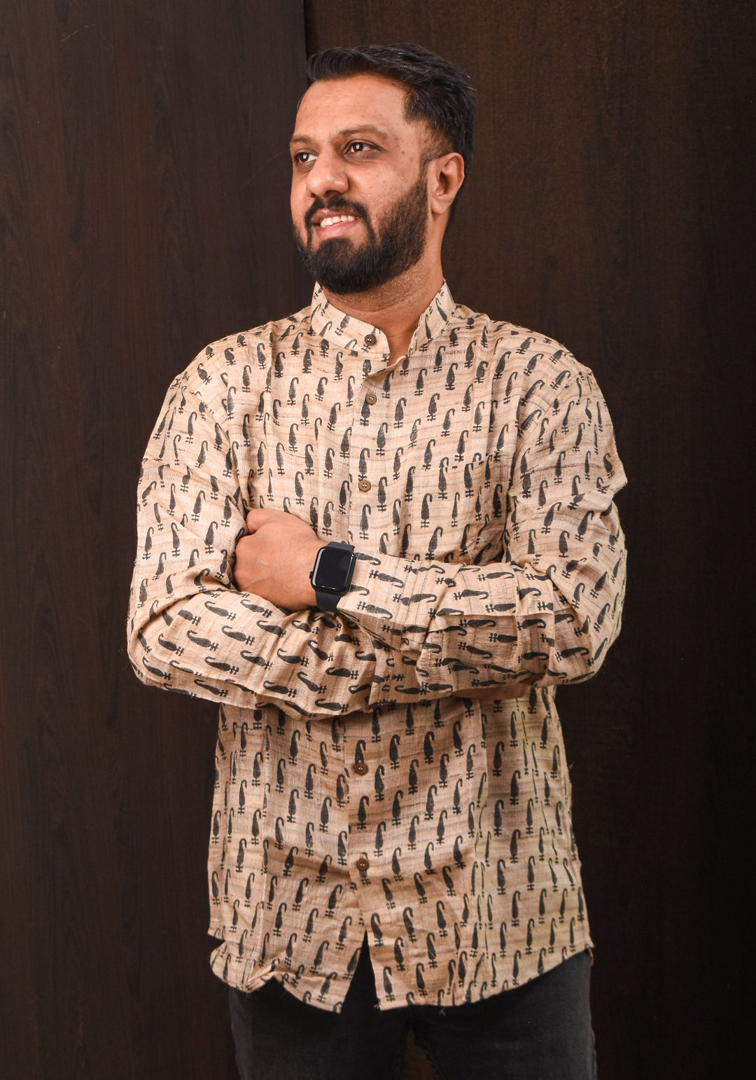 Pure Tussar Silk by Cotton Shirt in Natural Color with Mandarin Collar Full Sleeve Shirt | SHOBITAM