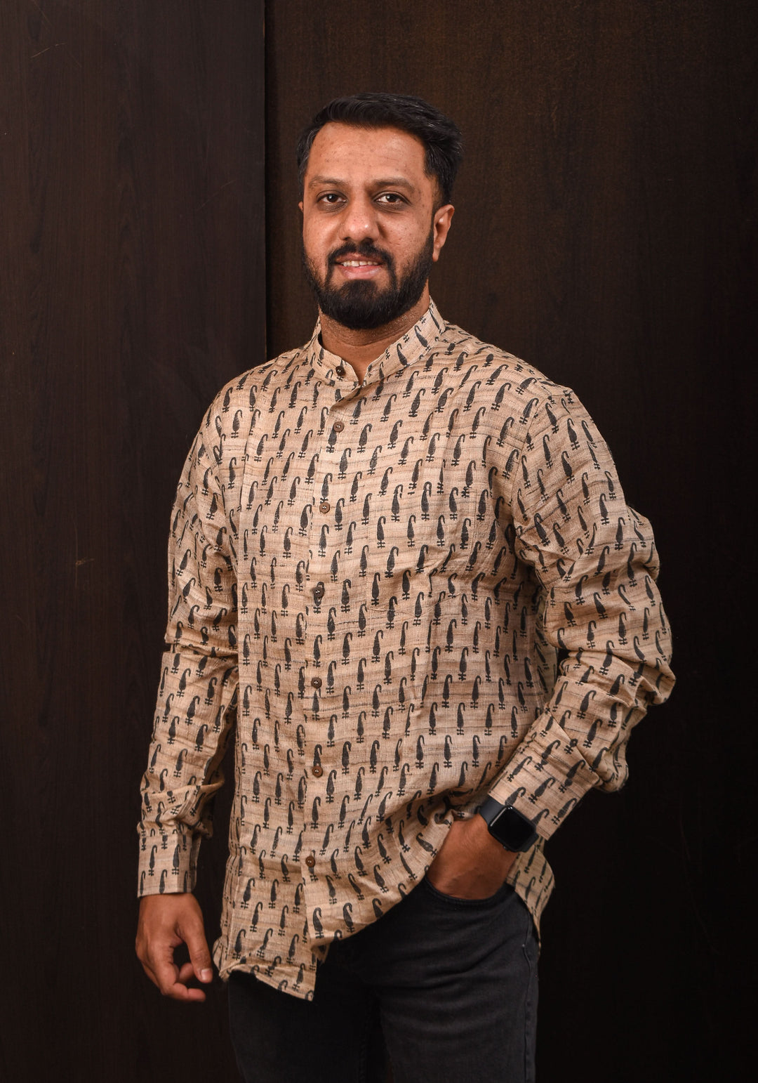 Pure Tussar Silk by Cotton Shirt in Natural Color with Mandarin Collar Full Sleeve Shirt | SHOBITAM