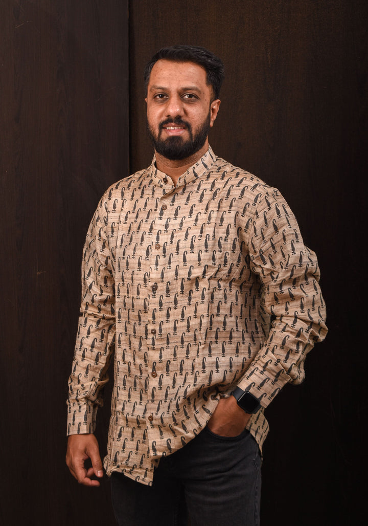 Pure Tussar Silk by Cotton Shirt in Natural Color with Mandarin Collar Full Sleeve Shirt | SHOBITAM