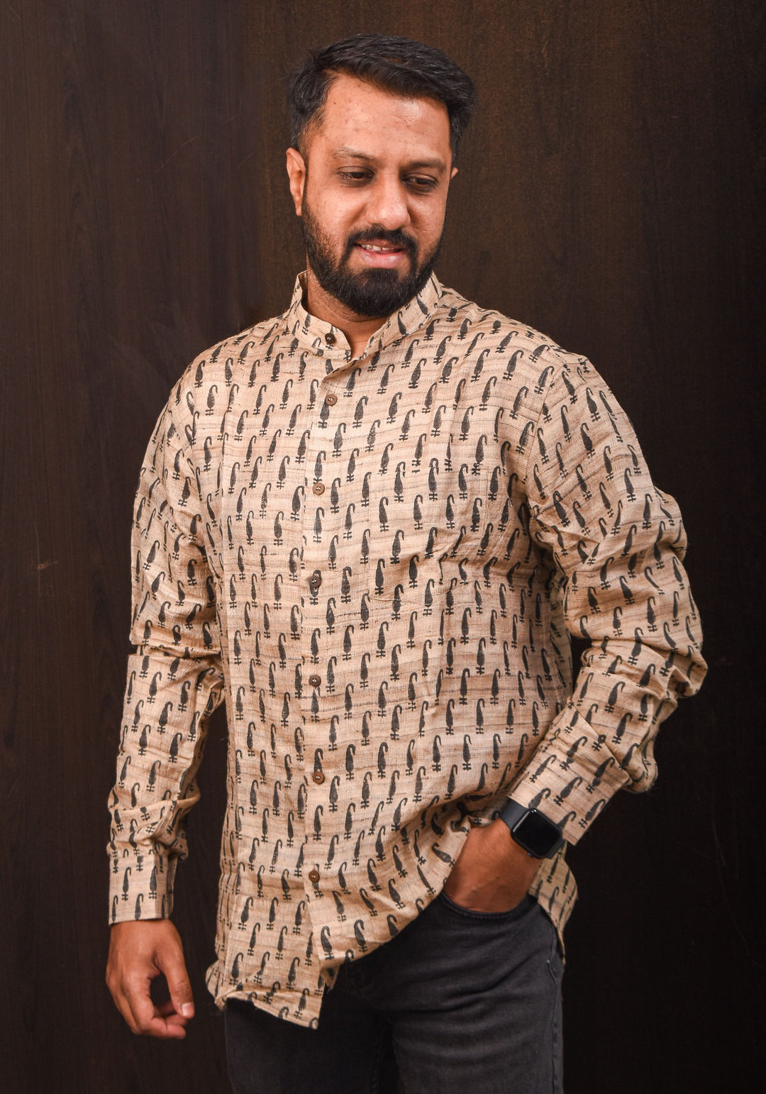 Pure Tussar Silk by Cotton Shirt in Natural Color with Mandarin Collar Full Sleeve Shirt | SHOBITAM