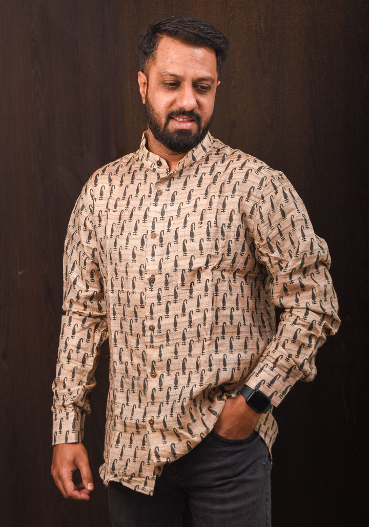 Pure Tussar Silk by Cotton Shirt in Natural Color with Mandarin Collar Full Sleeve Shirt | SHOBITAM