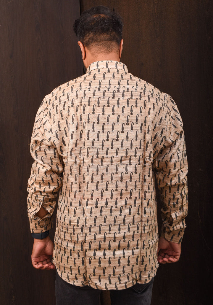 Pure Tussar Silk by Cotton Shirt in Natural Color with Mandarin Collar Full Sleeve Shirt | SHOBITAM
