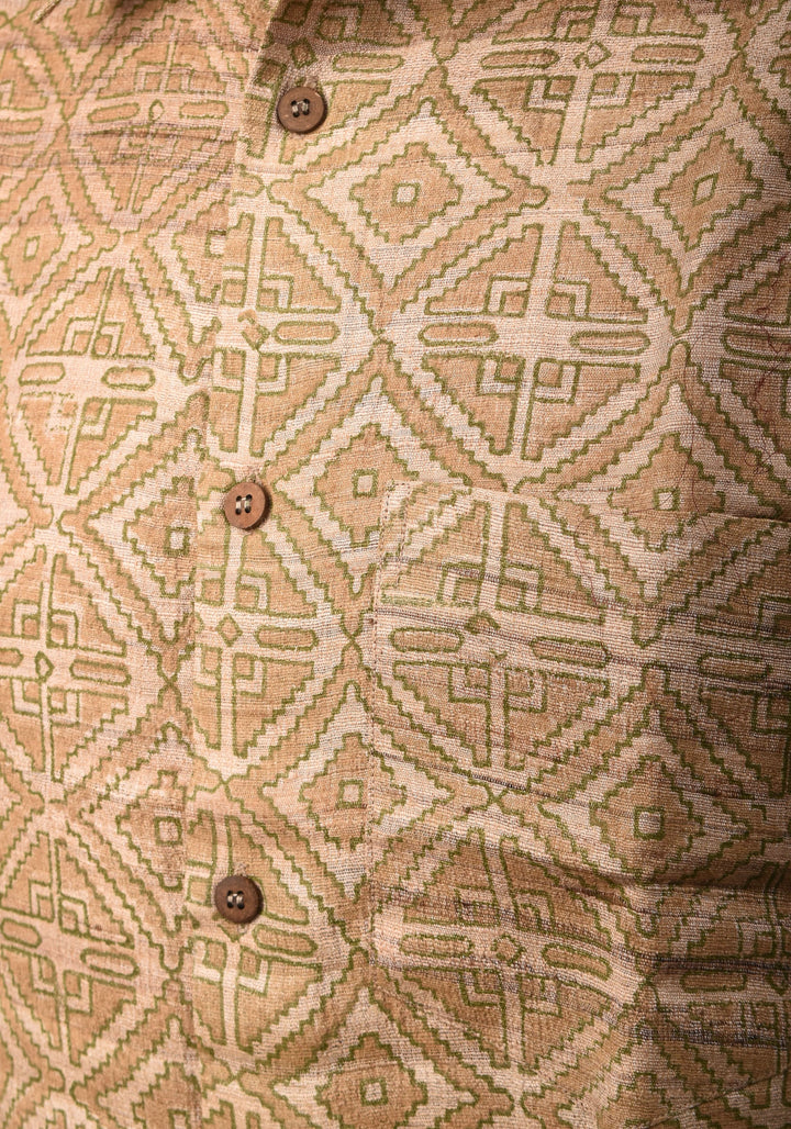 Tussar Silk by Cotton Shirt in natural Color with Full Sleeve and subtle hand block prints | SHOBITAM