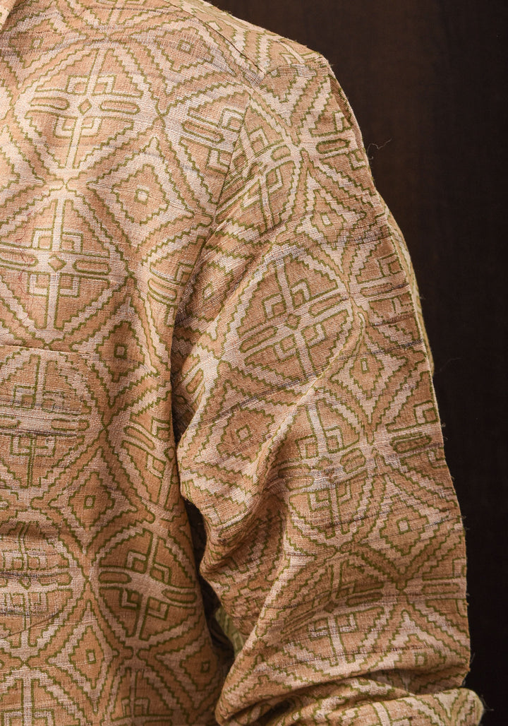 Tussar Silk by Cotton Shirt in natural Color with Full Sleeve and subtle hand block prints | SHOBITAM