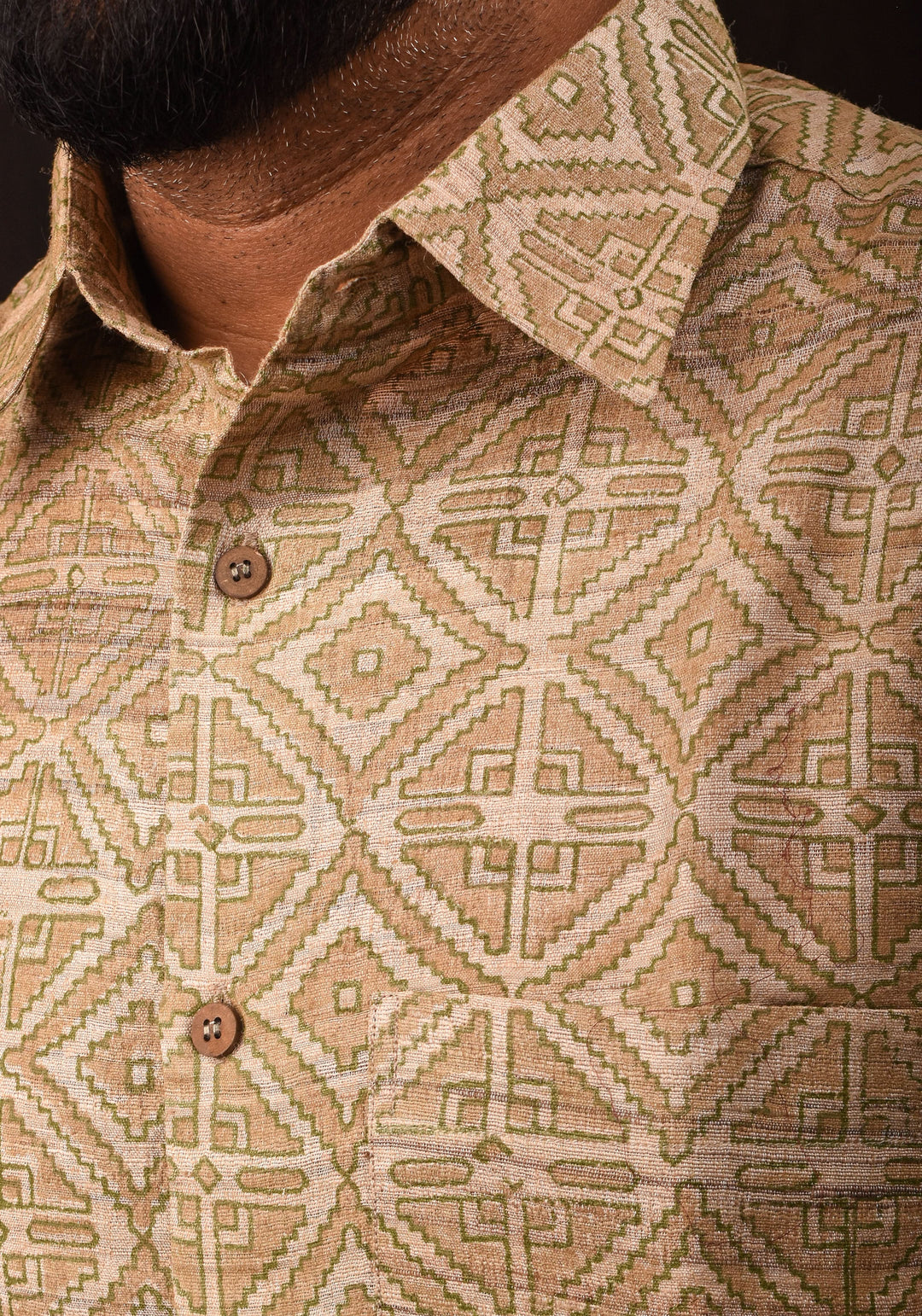 Tussar Silk by Cotton Shirt in natural Color with Full Sleeve and subtle hand block prints | SHOBITAM