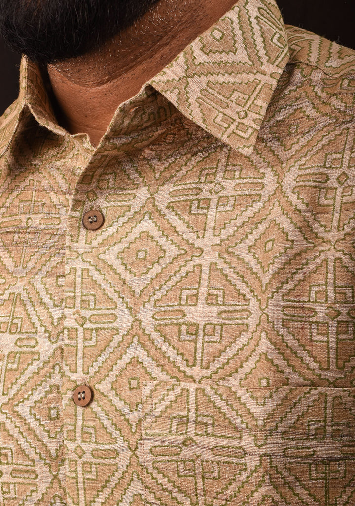 Tussar Silk by Cotton Shirt in natural Color with Full Sleeve and subtle hand block prints | SHOBITAM