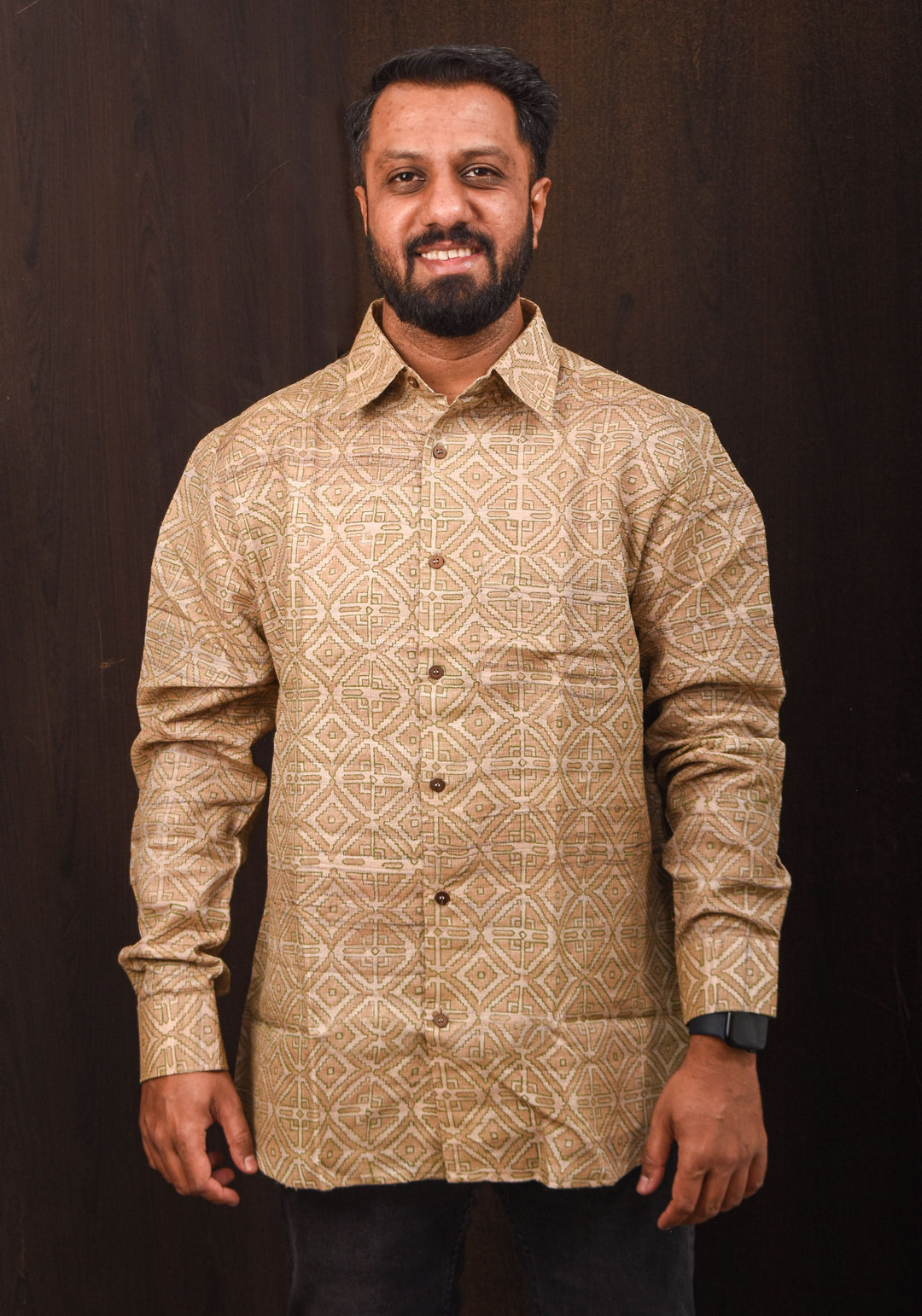 Tussar Silk by Cotton Shirt in natural Color with Full Sleeve and subtle hand block prints | SHOBITAM