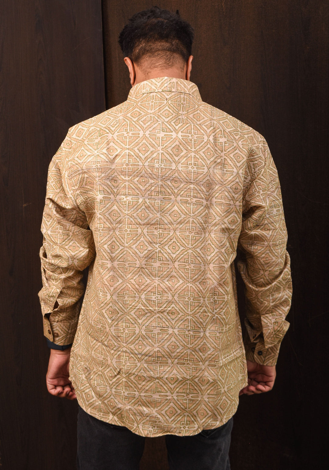 Tussar Silk by Cotton Shirt in natural Color with Full Sleeve and subtle hand block prints | SHOBITAM