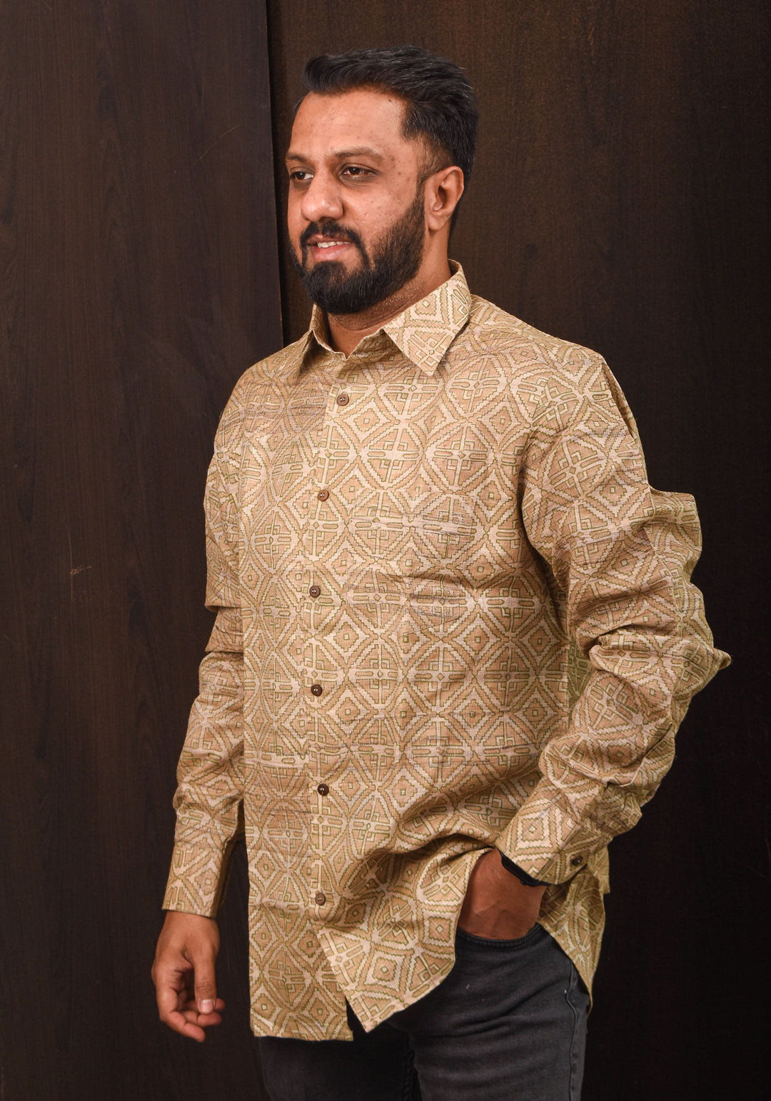 Tussar Silk by Cotton Shirt in natural Color with Full Sleeve and subtle hand block prints | SHOBITAM