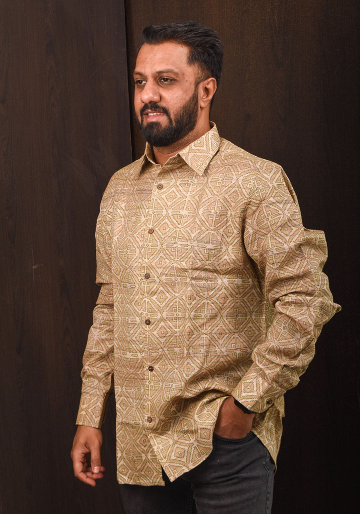 Tussar Silk by Cotton Shirt in natural Color with Full Sleeve and subtle hand block prints | SHOBITAM
