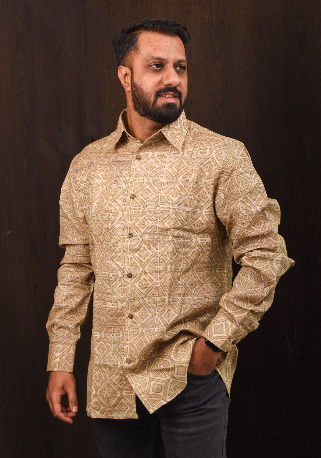 Tussar Silk by Cotton Shirt in natural Color with Full Sleeve and subtle hand block prints | SHOBITAM