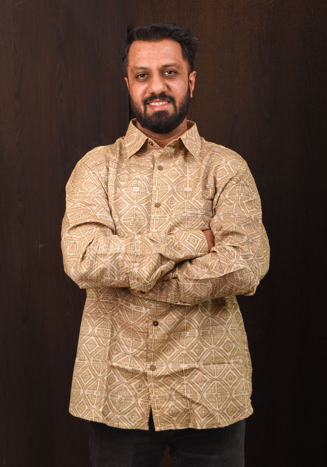 Tussar Silk by Cotton Shirt in natural Color with Full Sleeve and subtle hand block prints | SHOBITAM