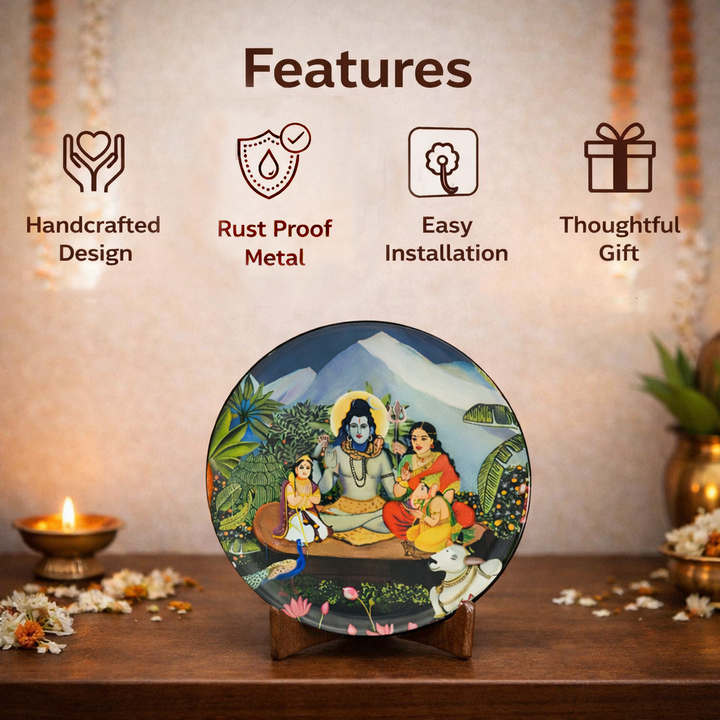 Shiv Parivar in Kailasha Art Wall plate with Wooden Stand - 10 inches
