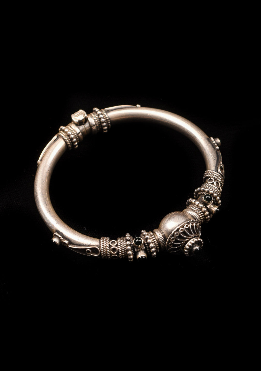 92.5 Silver  Antique Finish Handcrafted  Kada, Openable  with intricate stone studded design