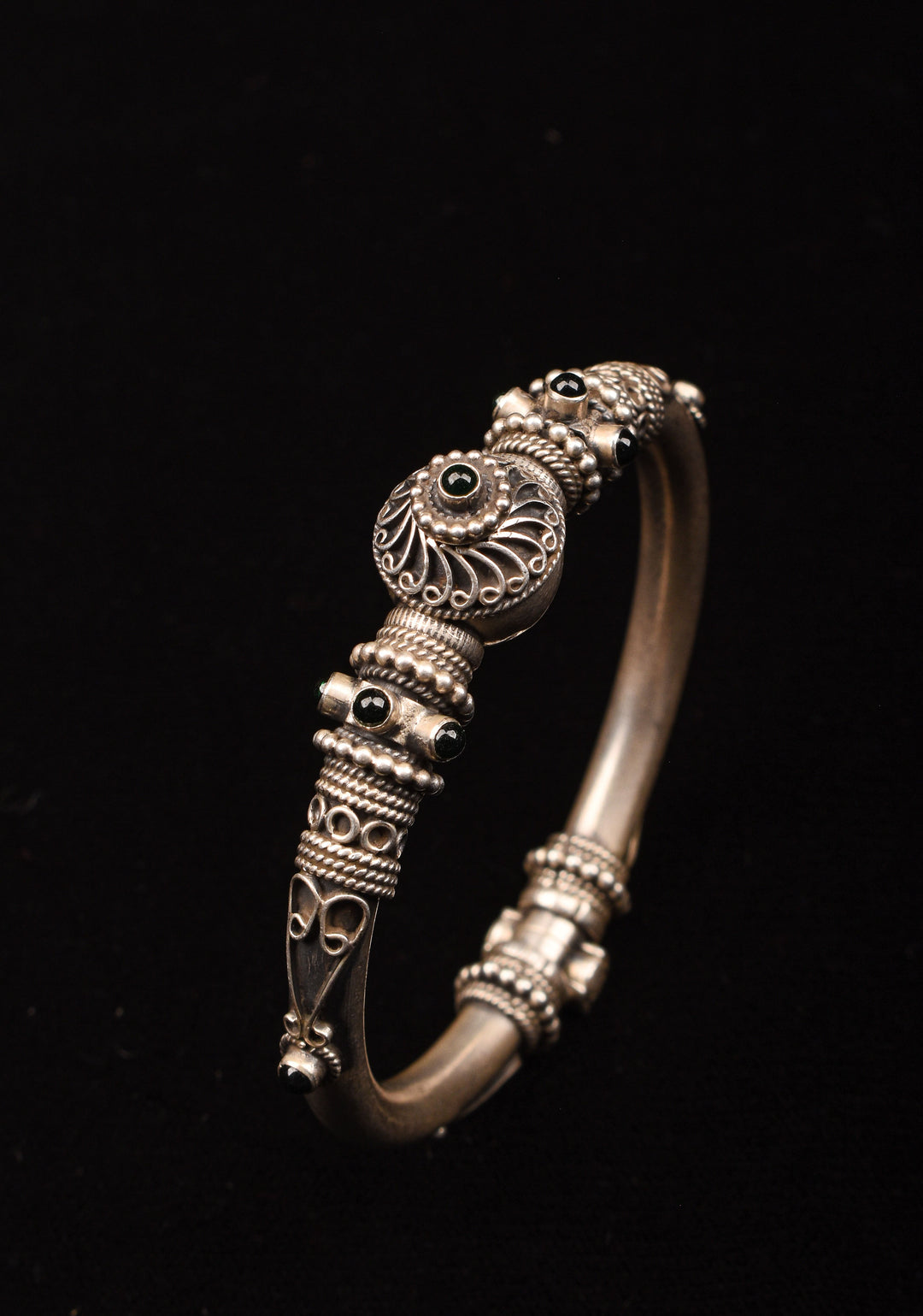 92.5 Silver  Antique Finish Handcrafted  Kada, Openable  with intricate stone studded design