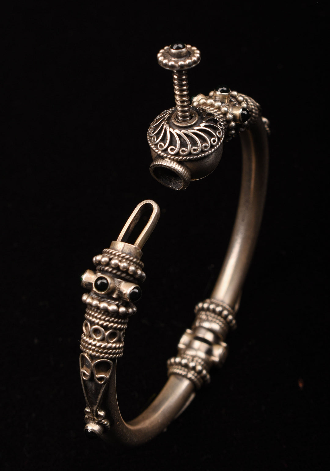 92.5 Silver  Antique Finish Handcrafted  Kada, Openable  with intricate stone studded design