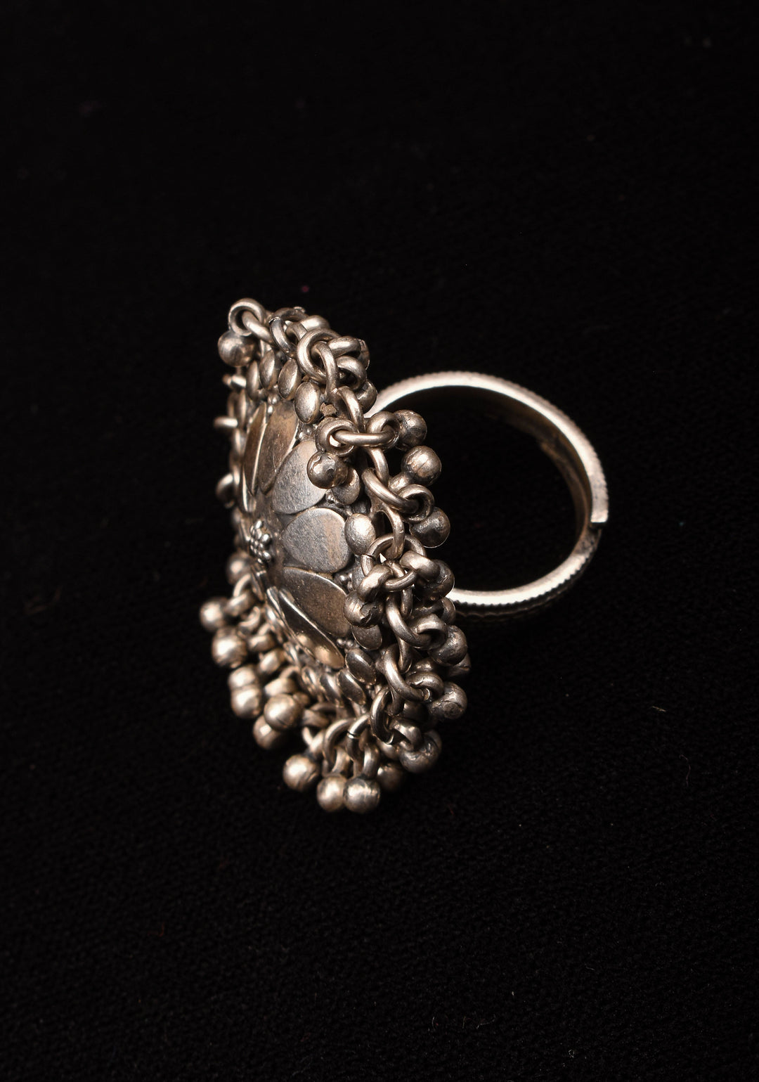 92.5 Silver Adjustable Finger Ring with Floral Mandala Shape and delicate beaded  clusters in Antique Finish