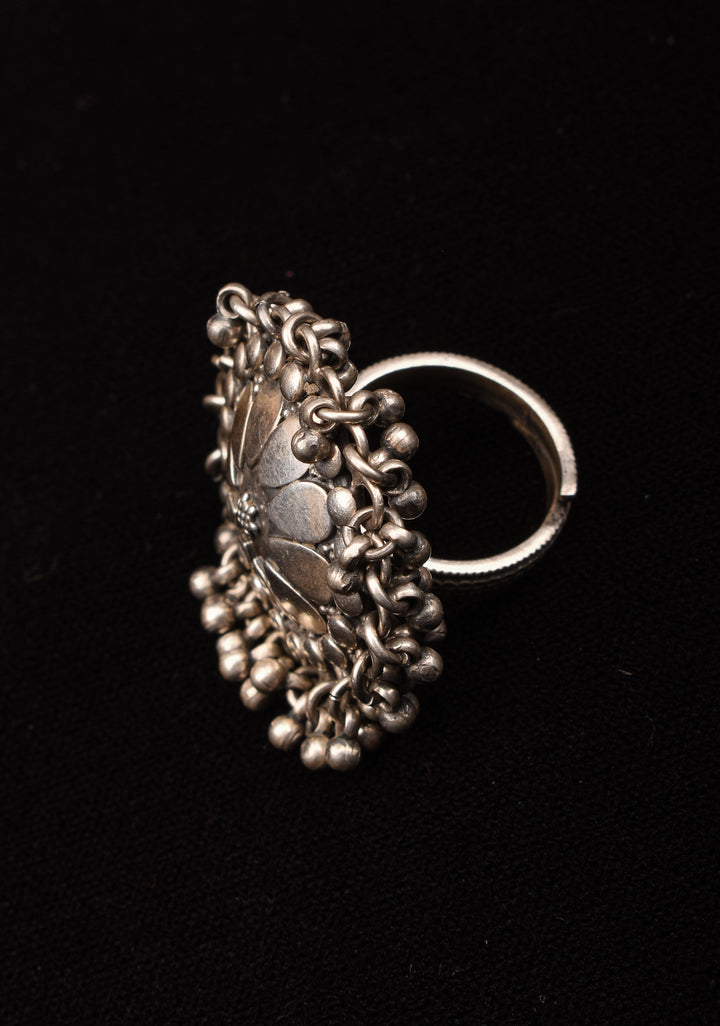 92.5 Silver Adjustable Finger Ring with Floral Mandala Shape and delicate beaded  clusters in Antique Finish