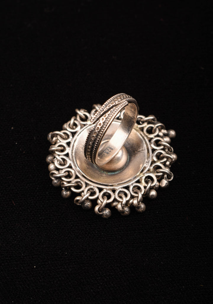 92.5 Silver Adjustable Finger Ring with Floral Mandala Shape and delicate beaded  clusters in Antique Finish