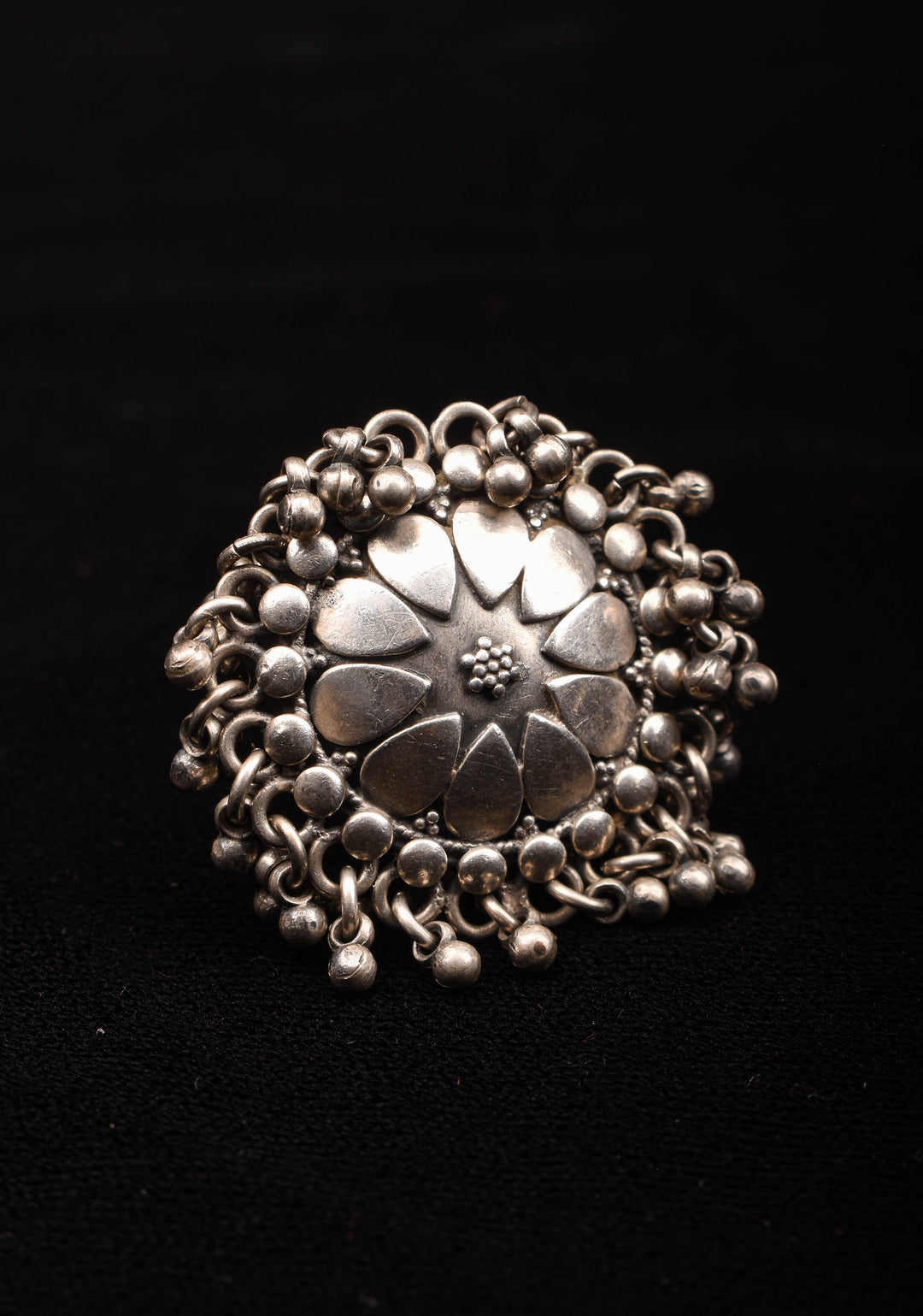 92.5 Silver Adjustable Finger Ring with Floral Mandala Shape and delicate beaded  clusters in Antique Finish