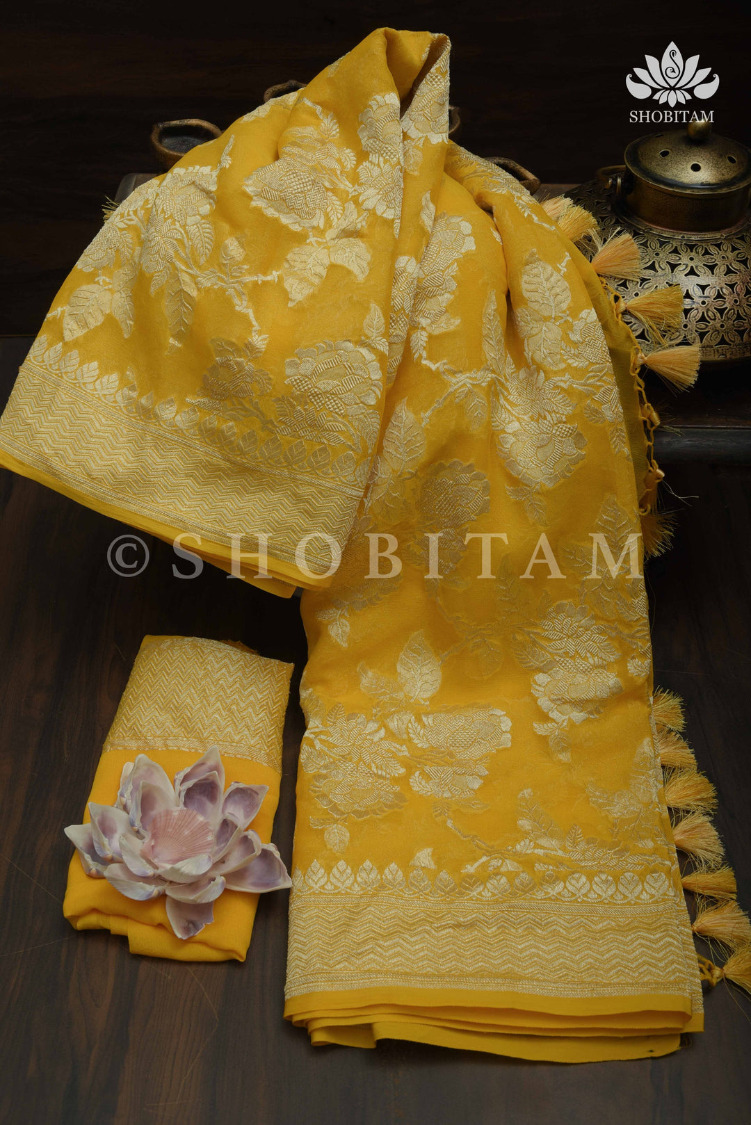 HOLD : Rose Jaal Pure Silk Georgette Banarasi Saree  | SILK MARK CERTIFIED | Shobitam Saree
