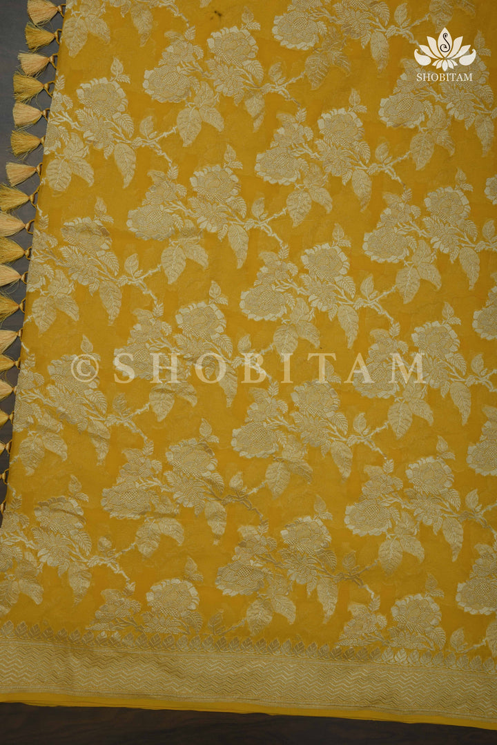 HOLD : Rose Jaal Pure Silk Georgette Banarasi Saree  | SILK MARK CERTIFIED | Shobitam Saree