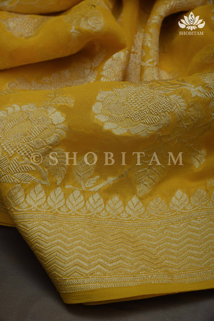 HOLD : Rose Jaal Pure Silk Georgette Banarasi Saree  | SILK MARK CERTIFIED | Shobitam Saree