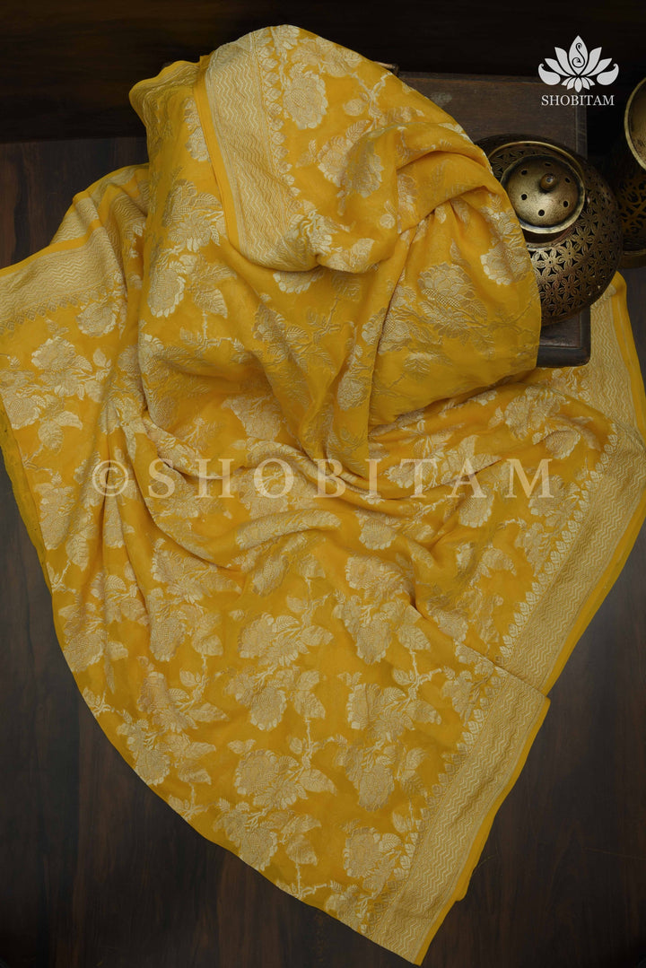 HOLD : Rose Jaal Pure Silk Georgette Banarasi Saree  | SILK MARK CERTIFIED | Shobitam Saree