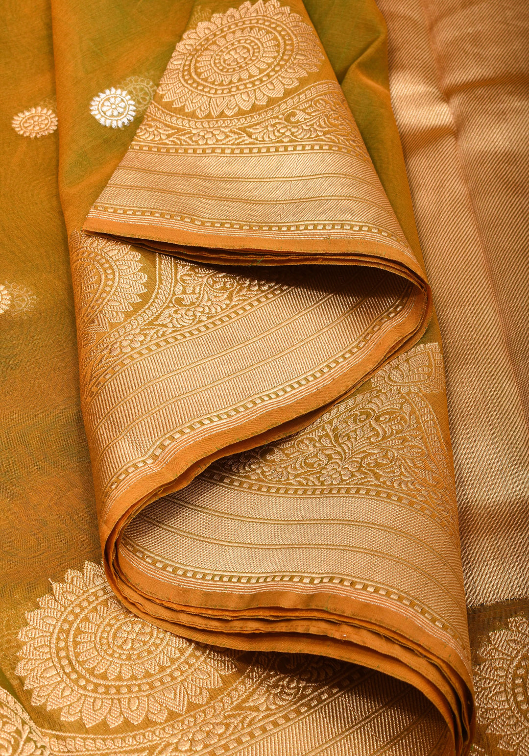 Gorgeous Pure Banarasi Kora Silk Saree in Henna Mustard Dual Tone with Kadhuwa Weave | SILK MARK CERTIFIED