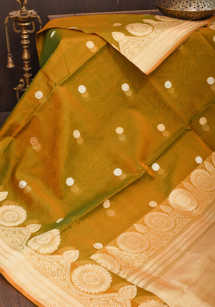 Gorgeous Pure Banarasi Kora Silk Saree in Henna Mustard Dual Tone with Kadhuwa Weave | SILK MARK CERTIFIED