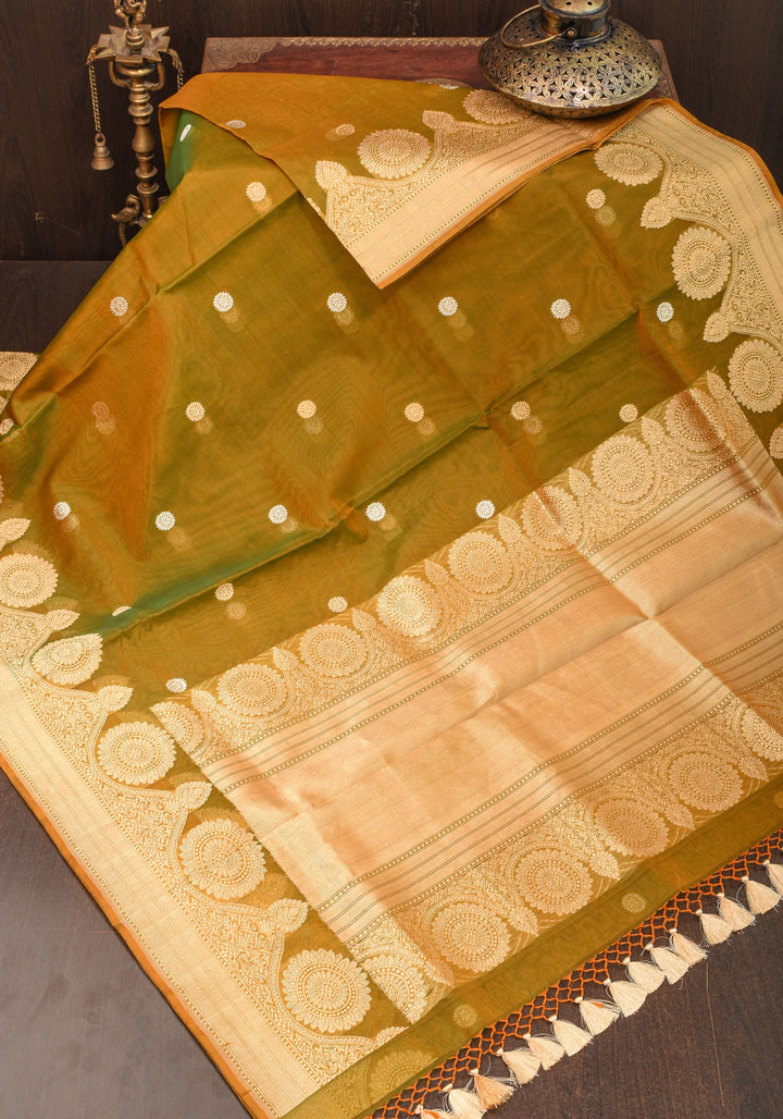 Gorgeous Pure Banarasi Kora Silk Saree in Henna Mustard Dual Tone with Kadhuwa Weave | SILK MARK CERTIFIED