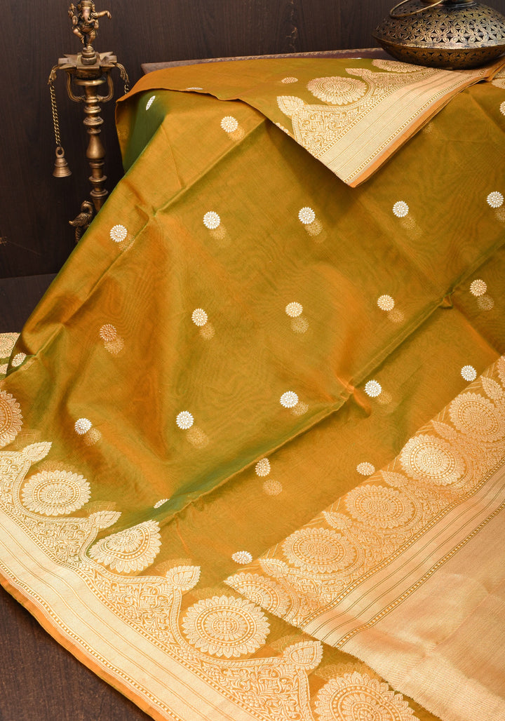 Gorgeous Pure Banarasi Kora Silk Saree in Henna Mustard Dual Tone with Kadhuwa Weave | SILK MARK CERTIFIED
