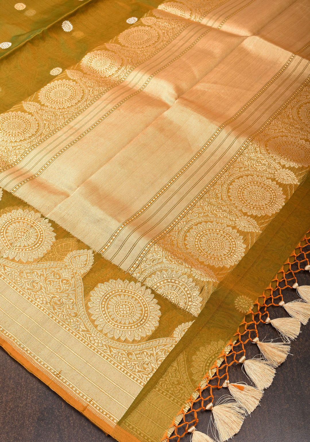 Gorgeous Pure Banarasi Kora Silk Saree in Henna Mustard Dual Tone with Kadhuwa Weave | SILK MARK CERTIFIED